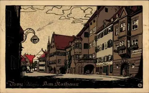 Steindruck Ak Isny im Allgäu Baden Württemberg, Straßenpartie am Rathaus, Gasthaus