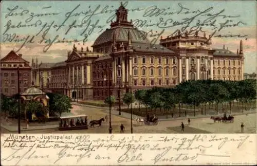 Ak München, Justizpalast, Pferdebahn
