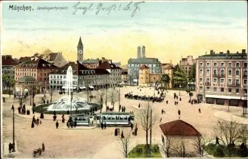 Ak Sendling München, Sendlingenthorplatz, Brunnen, alte Straßenbahn,  Architektur