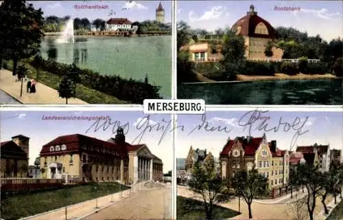 Ak Merseburg an der Saale, Gotthardteich, Bootshaus, Landesversicherungsanstalt, Merseburg