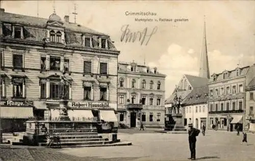 Ak Crimmitschau in Sachsen, Marktplatz mit Rathaus, Brunnen,  Gebäude, Stadtansicht