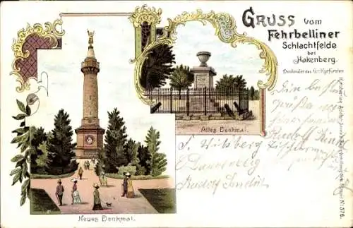 Ak Fehrbellin in Brandenburg, Neues Denkmal, Altes Denkmal,  Monumente, Landschaft