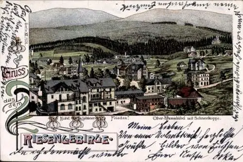 Litho Karpacz Ober-Krummhübel im Riesengebirge Schlesien, Hotel Goldener Frieden, Schneekoppe