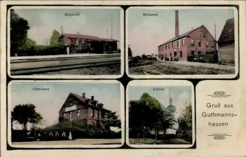 Ak Guthmannshausen Buttstädt in Thüringen, Bahnhof, Molkerei, Gärtnerei, Kirche, Gruß aus
