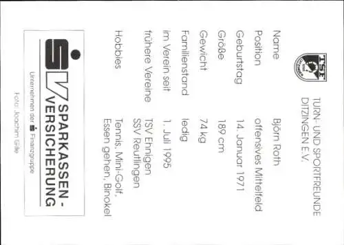 Autogrammkarte Fußballer Björn Roth, TSF Ditzingen, Autogramm