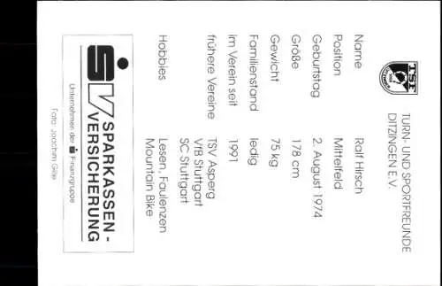 Autogrammkarte Fußballer Ralf Hirsch, TSF Ditzingen, Autogramm