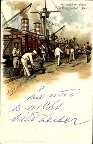 Künstler Litho Siehl, Deutsches Panzerschiff SM Wörth, Kaiserliche Marine, Kohlenübernahme