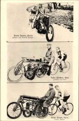 Ak Bruno Demke, Berlin, geführt von Werner Krüger, Peter Günther, César Simar, Radrennfahrer