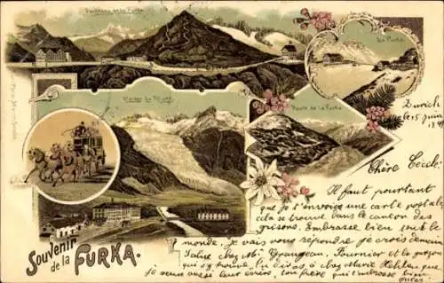 Litho Oberwald Kanton Wallis, Furka Hotel, Kutsche, Gletscher