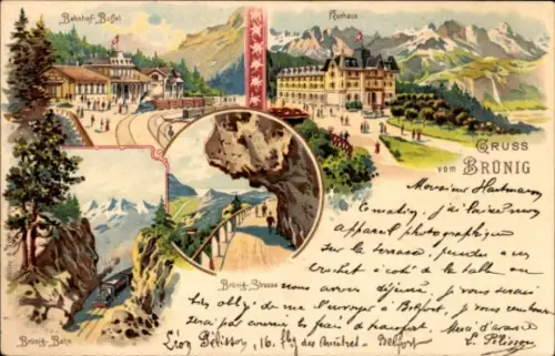 Litho Brünig Kanton Obwalden, Bahnhof, Kurhaus, Brünig-Bahn, Brünig-Straße