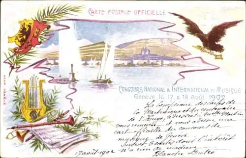 Künstler Ak Genève Genf Stadt, Concours International de Musique 1902, Wappen, Flagge, Harfe
