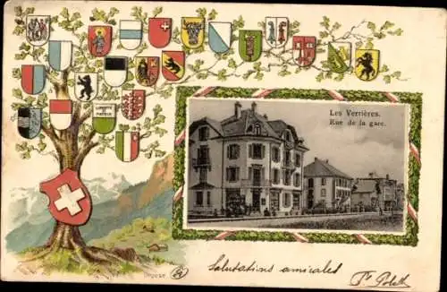 Präge Wappen Passepartout Ak Les Verrières Kanton Neuenburg, Bahnhofstraße