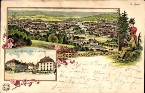Litho St. Johann Saarbrücken a.d. Saar, Panorama, Schlossplatz mit Bismarckdenkmal