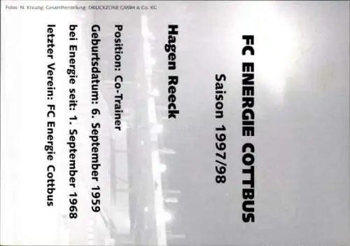 Autogrammkarte Co Trainer Hagen Reeck, FC Energie Cottbus, Autogramm