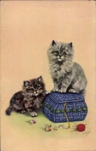 Künstler Ak Gear, zwei Katzen, Nähkästchen