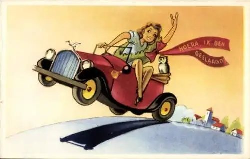 Ak Glückliche Frau fährt Auto, Blumenkranz, Autofahrt