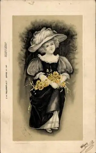 Präge Ak Mädchen mit Hut und Blumenstrauß