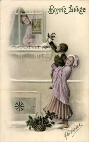Ak Glückwunsch Neujahr, Kinder, Stechpalme