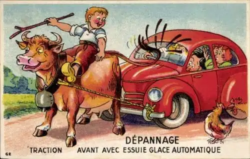 Ak Das Auto wird von einer Kuh gezogen, Humor