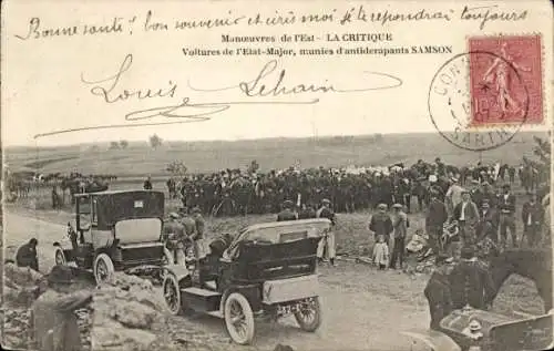 CPA Manoeuvres de l'Est, Voitures de l'Etat-Major, munies d'antiderapants Samson
