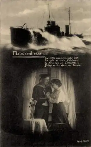 Ak Seemannsliebe, deutsches Kriegsschiff, Matrose mit Frau