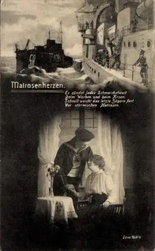 Ak Matrosenherzen, deutsches Kriegsschiff, Matrose mit Frau