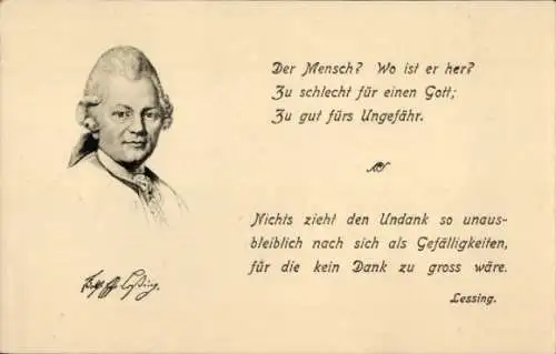 Ak Porträt von Gotthold Ephraim Lessing, Zitat, Der Mensch? Wo ist er her?