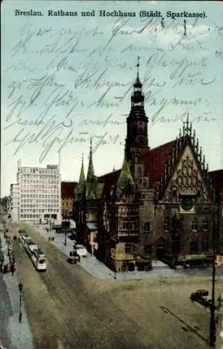 Ak Wrocław Breslau Schlesien, Rathaus, Hochhaus, Stadt, Sparkasse, Straßenansicht