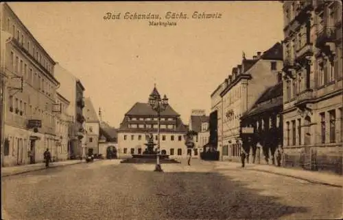 Ak Bad Schandau Sächsische Schweiz, Marktplatz, historische Gebäude, Laterne, Straßenansicht
