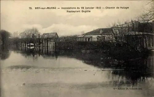 Ak Bry sur Marne Val de Marne, Hochwasser 28.1.1910, Chemin de Halage, Restaurant Dupille