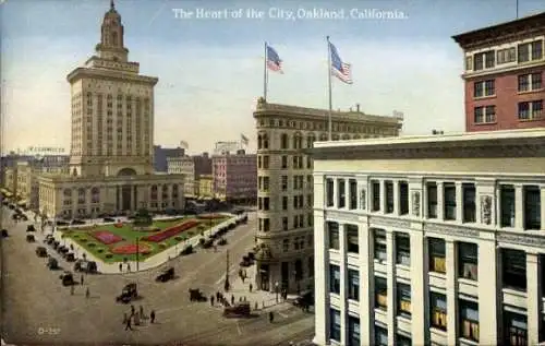 Ak Oakland Kalifornien USA, Stadtansicht, amerikanische Flaggen, Blumenbeete,  Gebäude