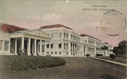 Ak Weltevreden Batavia Jakarta Indonesien, Neoklassizistisches Gebäude, Groote Huis Waterlooplain