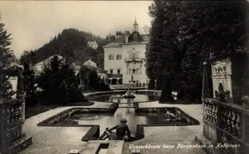 Ak Salzburg in Österreich, Lustschloss Hellbrunn, Wasserkünste beim Fürstentisch