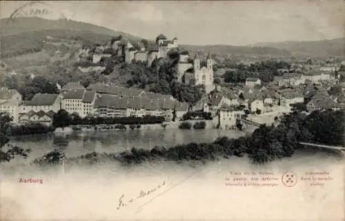 Ak Aarburg Kanton Aargau,  Burg auf dem Hügel, Altstadt, Fluss