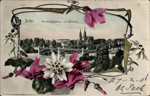 Passepartout Ak Basel Bâle Stadt Schweiz, Wettsteinbrücke, Münster