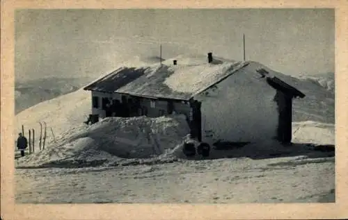 Ak Puchberg am Schneeberg Niederösterreich, Kaiserstein, Fischerhütte, schneebedecktes Haus, Berg