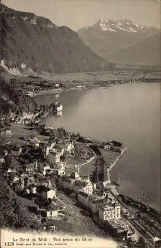 Ak Glion Montreux Kanton Waadt, Berglandschaft, See, Häuser, Bahngleise, Dent du Midi