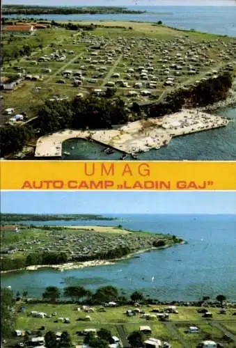 Ak Umag Umago Kroatien, Luftaufnahme eines Campingplatzes, Strand, Wohnmobile, Bäume