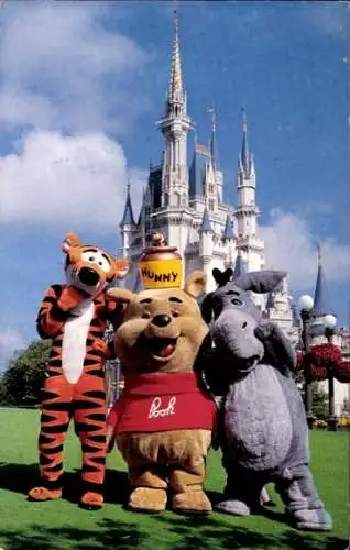 Ak Orlando Florida USA, Disney World, Tigger, Esel und Winnie Puh vor Schloss