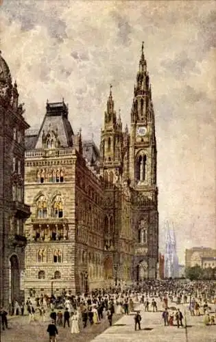 Ak Wien 1 Innere Stadt, Rathaus, hohe Türme, Menschenmenge, Wolkenhimmel