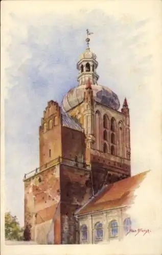 Ak Płock Plock Polen, Kathedrale, Glockenturm, Historische Architektur, Zeichnung, 