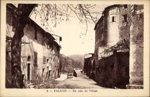 Ak Falicon Alpes-Maritimes, Ansicht des Dorfes, Straßenansicht,  Architektur, Bäume, Haus
