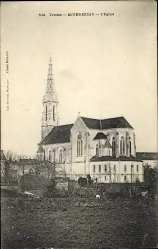 Ak Bournezeau Vendée, Kirche, Spitzturm, landwirtschaftliche Szene, monochrom,  