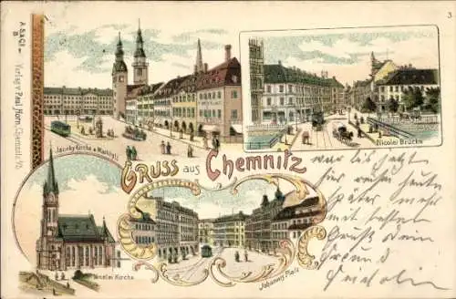 Litho Chemnitz in Sachsen, Jacoby Kirche, Markt, Nicolai Kirche