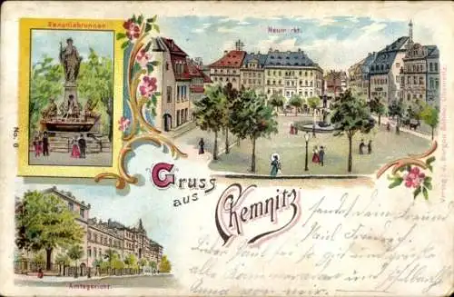 Litho Chemnitz in Sachsen, Saxoniabrunnen, Neumarkt, Amtsgericht