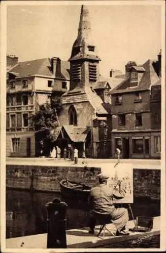 Ak Honfleur Calvados, Künstler am Hafen, Kirche St. Etienne, alte Gebäude