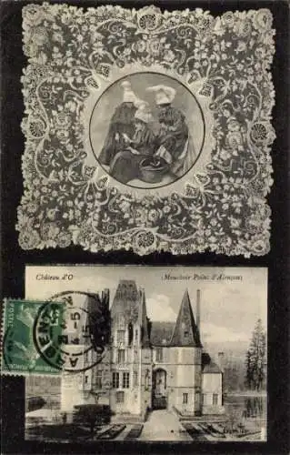 Ak Alencon Orne, Chateau d'O,  Gebäude, Portraits in Rahmen, Lace-Hintergrund