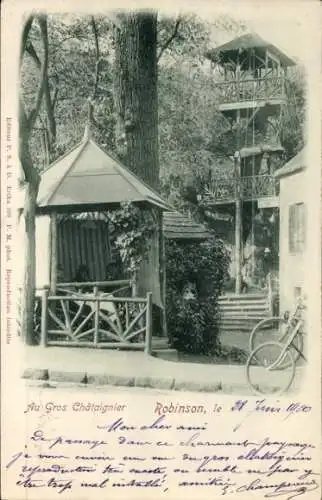Ak Robinson Hauts de Seine, Landschaft mit Holzhäuschen, Fahrrad, Pflanzen, Baumhäuser