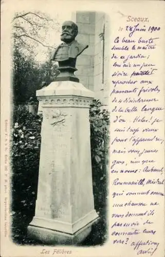 Ak Sceaux Haut de Seine, Büste, Inschrift, Monument, Les Félibres, 28 Juni 1900