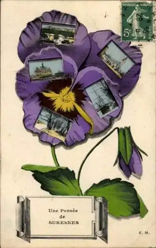 Ak Suresnes Hauts de Seine, Blume mit Fotografien, Text: Une Pensée de  E. M., republikanische Ma
